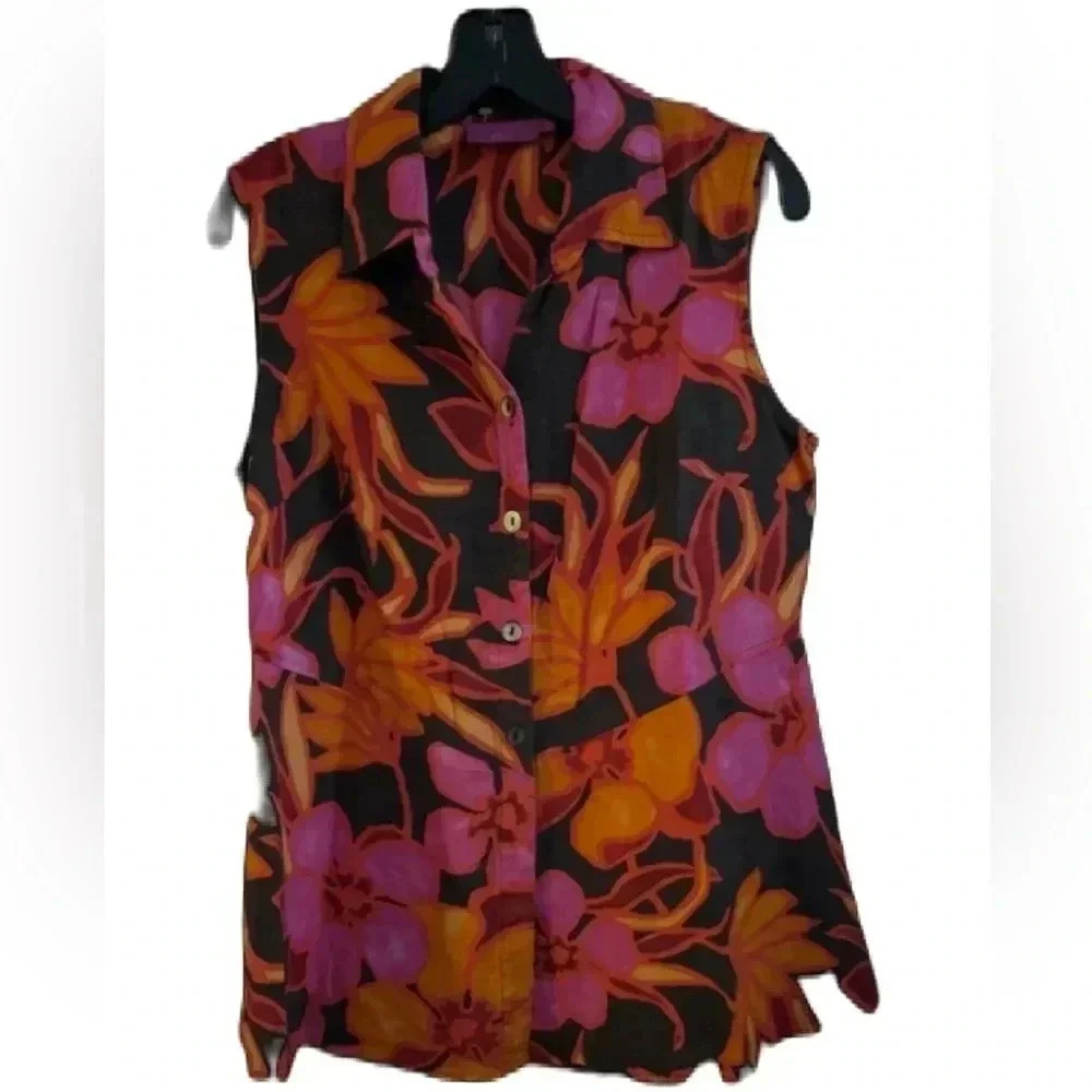 I.V.Y Ivy Tropical Floral Print Linen Rayon Sleeveless Woman's Blouse